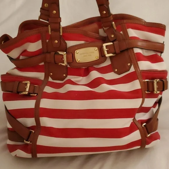Michael Kors Gansevort canvas Purse Tote Striped red white - Picture 1 of 11
